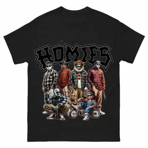 Horror Movie Villains Graphic Tee, Funny Chicano Freddy Jason Chucky Design, Urban Halloween Street Wear,Men's Short-Sleeve Sports T-Shirt