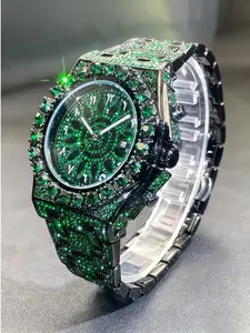 Men's Quartz Watch with Rhinestones, Luxury Ice Dial, Fashion Night Light Hands, Hip Hop Full Artificial Water Diamonds Jewelry Watch, Rhinestone Wristwatch, Luminous Fashionable Watch, Round Dial Watch, Rhinestone Decorated Watch