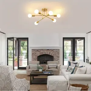 Satellites–Inspired Retro Industrial Gold Ceiling Light with Six Lamp Heads E26 / E27 Base Semi-Flush Installation Fixture Does not Include Bulbs Adjust Brightness and Color Temperature According to Your Decor Style Recessed Chandelier Modern Moo lights