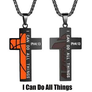 Basketball / Football Cross Necklace for Men Bible Verse I CAN DO All Things Stainless Steel Sport Pendant for Men