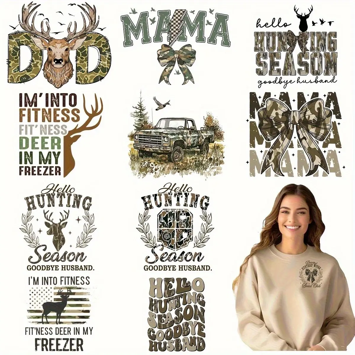 12 Piece Hunting Heat Transfer DIY DTF Printable Design, Washable Heat Transfer Stickers for T-Shirts, Masks, Backpacks