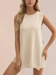 Apricot Knit Split Sleeveless Set Above the Knee Simple Design Minimalist Style Comfortable Layering Piece for Casual Wear