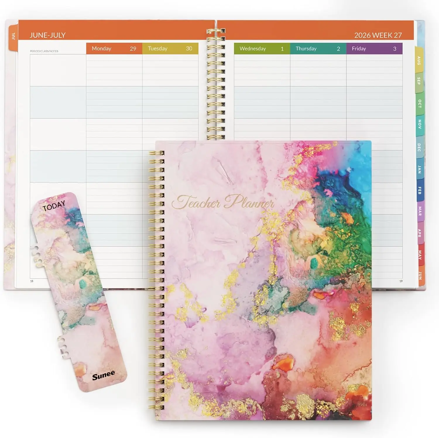 SUNEE Teacher Planner 2026-2027 Academic Year, 7 Periods Lesson Plan Book Jul 2026 - Jun 2027, 8.5"x11" Weekly Vertical Layout Monthly Organizers with Calendars, Bookmark, Waterproof Cover,Pink Marble, Office Planner, Teaching Supplies Calendar