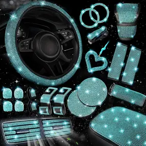30 Pieces Aquamarine Shiny Car Accessories Set for Women Steering Wheel Cover Set Shiny Console Cover Seat Belt Pad Gear Shift Knob Pad Coaster Rhinestone Car Hanging Decoration
