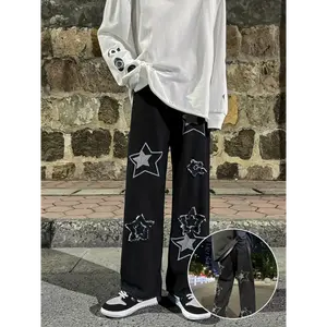 [Y2K Printed Vintage Baggy Jeans] Vintage Men's Korean Denim Pants Y2K Cltohes Streetwear Printed Patchwork Male Baggy Jeans Straight Trousers  Cotton Black solid drawstring waist pocket sweatpants megging  jeans
