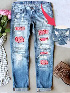 Valentine's Day Women's Heart Patch Print Jeans Washed Distressed Ripped Design Cat Whisker Craftsmanship Elastic Comfortable Fabric