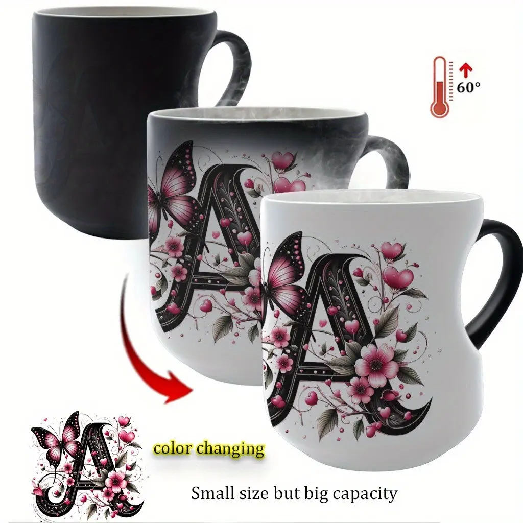 Thermosensitive Ceramic Mug, Drinkware, Coffee Mugs, Beverage Mug, Drinking Mug, Butterfly & Floral Heart Design, 11oz/330ML Reusable Insulated Cup, Heart-Shaped Handle, Perfect Gift