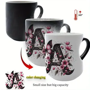 Thermosensitive Ceramic Mug, Drinkware, Coffee Mugs, Butterfly & Floral Heart Design, 11oz/330ML Reusable Insulated Cup, Heart-Shaped Handle, Perfect Gift