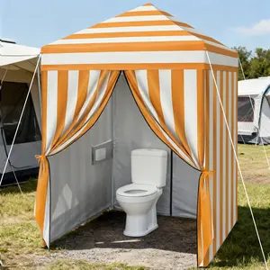 【Summervibes】5x5FT Orange White Striped Foldable Shelter 4-Wall 2-Door Silver Coated 210D Oxford Portable Canopy with Storage Bags