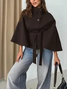 Women's Plain Front Buckle Belted Woolen Cape Coat, Casual Fall & Winter Outerwear, Stylish Daily Wear for Dating