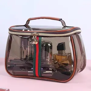 Transparent PVC cosmetic bag with eye - catching color - blocked stripes. It's perfect for travel and storage!