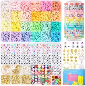 5800 Counts FUNTOPIA bead set, 6mm Heishi beads for bracelets with 624 Counts 24 set A - Z letter beads, 72 Counts polymer clay beads, 320 Counts  charms kit for rings necklaces gift (5800+Counts)