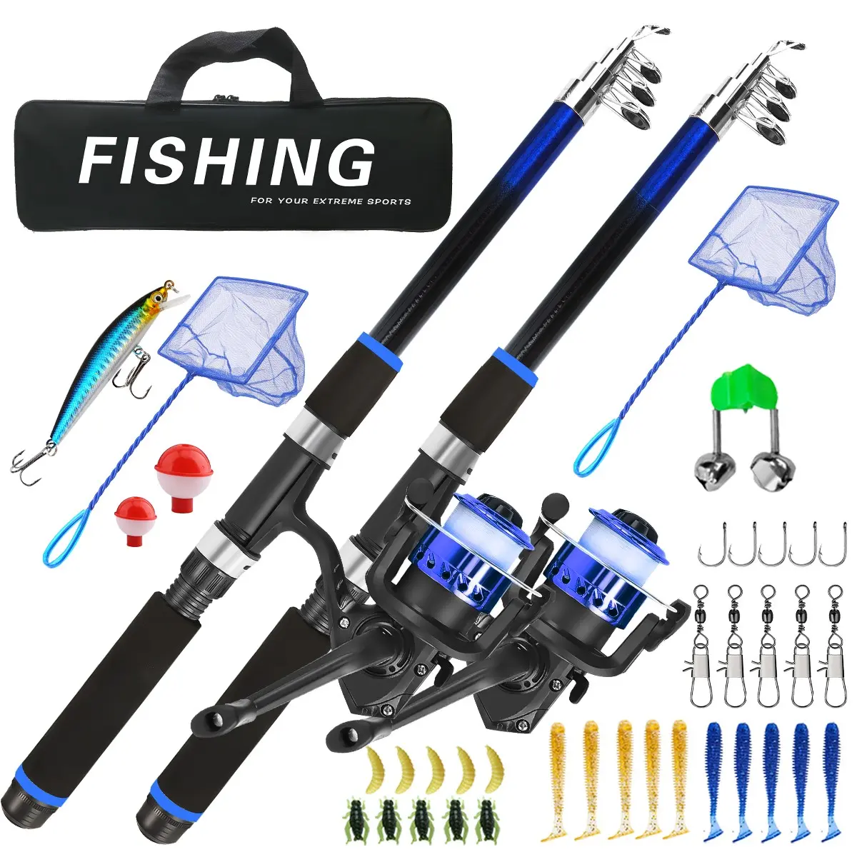 Double Rod Fishing Set, Fishing Pole Combo, Portable Folding Design, 1.8m Blue Color, Includes Net and Full Accessories, Complete Leisure Fishing Gear, Fishing Tackle, Fishing Rod And Reel Combo, Fishing Rods And Reels, Fishing Supplies, Fishing Equipment