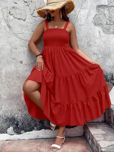 Women's Plus Size Solid Bohemian Shirred Tiered Layer Cami Dress, Elegant Ruffle Hem High Waist A-line Dress for Beach Holiday, Women's Clothes for All Seasons