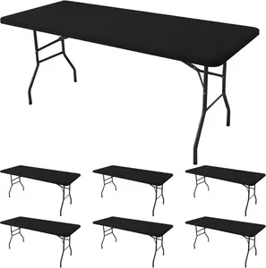 Fitted Tablecloth for 6 Foot Rectangle Tables-6 Pack Black Elastic Table Cover-Spandex Stretch Folding Table Cloths 6 ft for Camping Dining Room Banquet