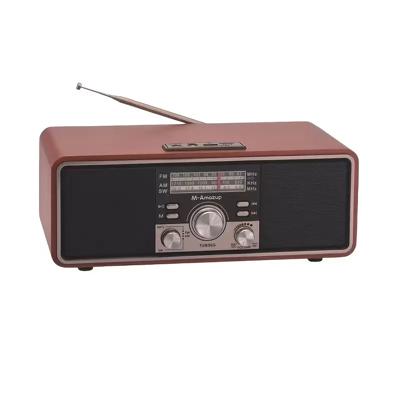 M-Amazup Retro Wooden Bluetooth Stereo Radio, AM/FM/SW multiband tuner, USB and TF card MP3 player, TWS pairing dual speaker function, rechargeable 18650 lithium battery, long playback vintage audio for classic oldies music lovers, Wireless, Device, Mobil