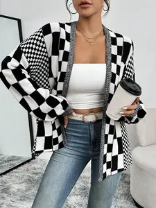 Women's Plaid Patchwork Colorblock Checkered Sweater Coat, Fall Winter Warm Soft Fashion Casual Style Loose Knit Long Sleeve Shawl Cardigan Top, Knitwear, Womenswear, Knitting