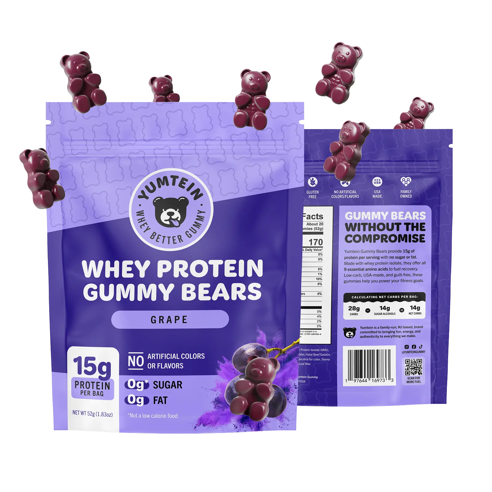 Yumtein Protein Gummy Bears - 15g Protein, 0g Sugar, 0g Fat - Halal Beef Gelatin - Natural Colors - Grape (170 Cal)