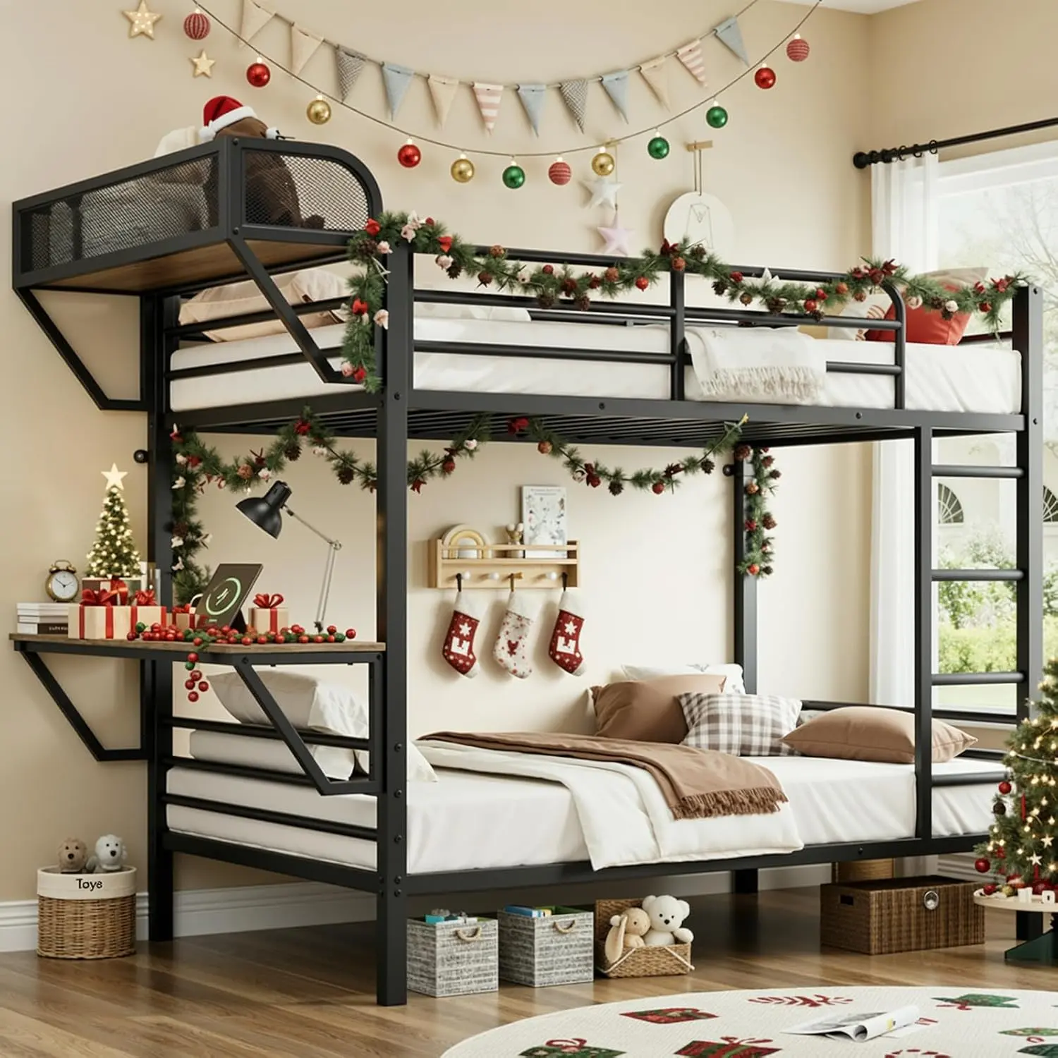 【SummerFinds】ONBRILL Bunk Bed Twin Over Twin, Metal Bunk Beds with Power Outlets & Desk, Heavy-Duty Bunkbeds Frame with Safety Guardrail & Ladders, Upper Bed with Storage Rack, No Box Spring Needed, for Juniors