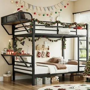ONBRILL Bunk Bed Twin Over Twin, Metal Bunk Beds with Power Outlets & Desk, Heavy-Duty Bunkbeds Frame with Safety Guardrail & Ladders, Upper Bed with Storage Rack, No Box Spring Needed, for Juniors