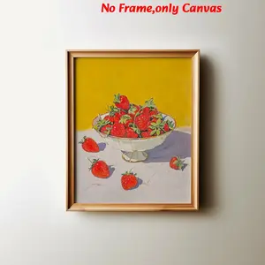 1 pc, wall art, vintage poster, strawberry on a plate art print, red sweet and delicious fruit canvas painting, kitchen decor, living room decor aesthetic, dining room decor, versatile decor, housewarming gift, unframed