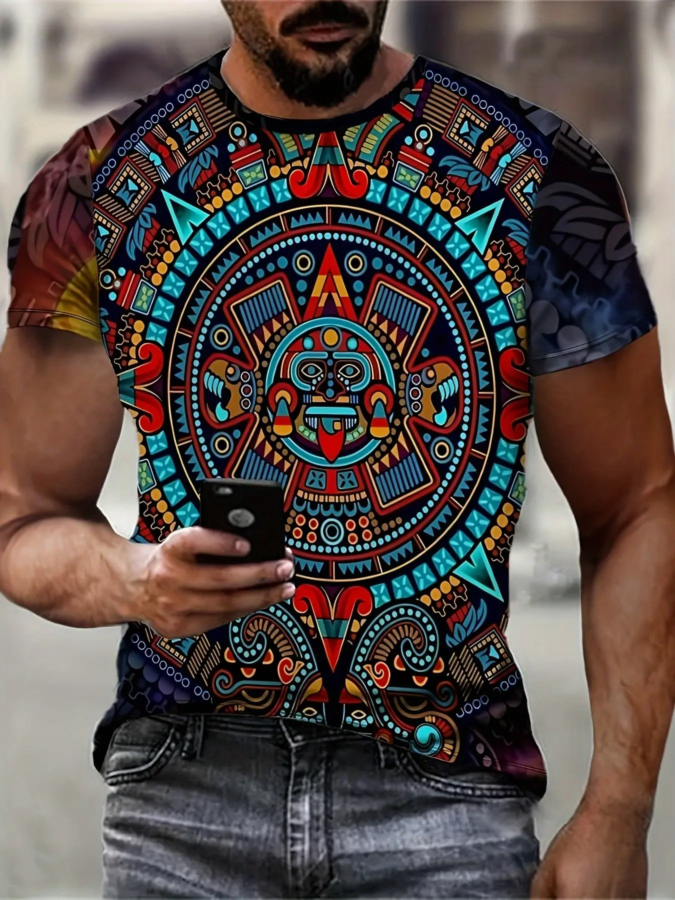 Men's 3D Print Aztec Tribe Pattern T-Shirt, Casual Fashion Tee, Vibrant Color Bold Print Casual Graphic Design Short Sleeve Round Neck, Breathable Fit Machine Wash Summer Fitted Menswear Streetwear Top