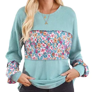 Women Fashion Long Sleeve Raised Rib Cute Floral Top S-3X