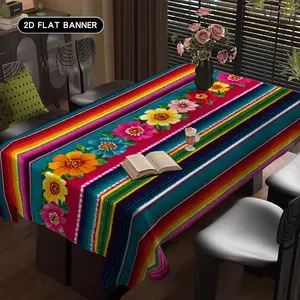 1 piece of colorful striped carnival themed table cloth with ethnic floral patterns, washable, perfect for decorating parties, picnics, and dinners. Party tablecloth, Mexican themed party, Decoration, Flower