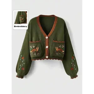 Women’s V-Neck Loose Knit Cardigan with Front Buttons, Fox Embroidery, and Pockets — Casual Short Sweater for Autumn and Winter, Breathable Floral Women’s Fashion Outerwear