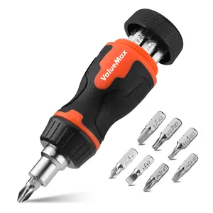ValueMax 8-in-1 Stubby Ratcheting Screwdriver, Multi-bit Screwdriver, Quick-load Mechanism, Adjustable Magnetic Tool with Phillips, Slotted, Torx Screw Driver Bits and 1/4" Nut Driver