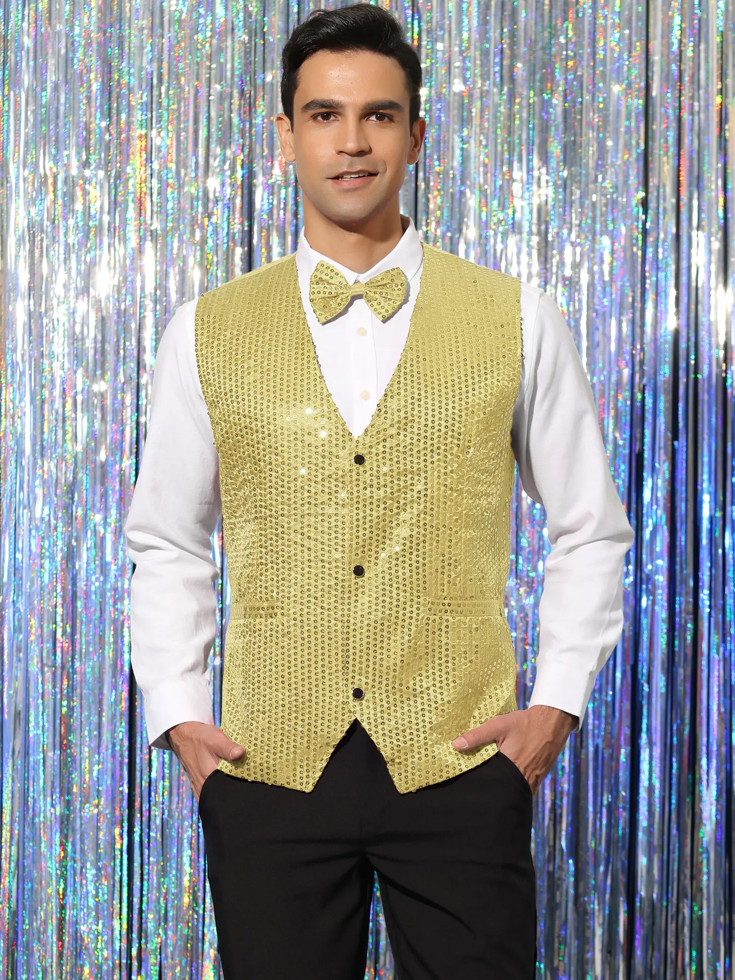 INSPIRE CHIC Men's Sequin Waistcoat Shiny Sleeveless Party Prom Dress Suit Vest with Bow Tie