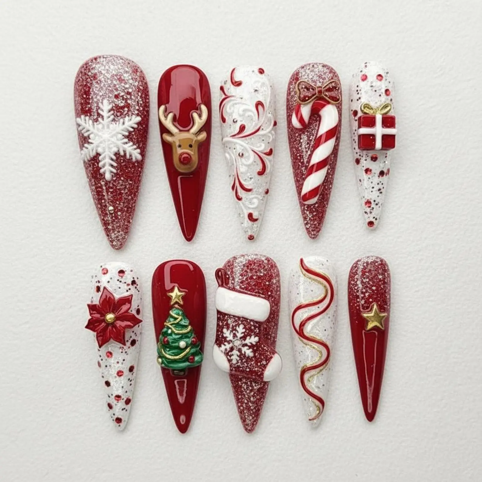 [New Model] 10 PCS Handmade Press on Nails, Christmas Candy Press On Nails Red White Glitter Holiday Nails with 3D Reindeer, Candy Cane Gift Design, Festive Nails, Y2K 3D Gel Nails, Trending Nail 2026