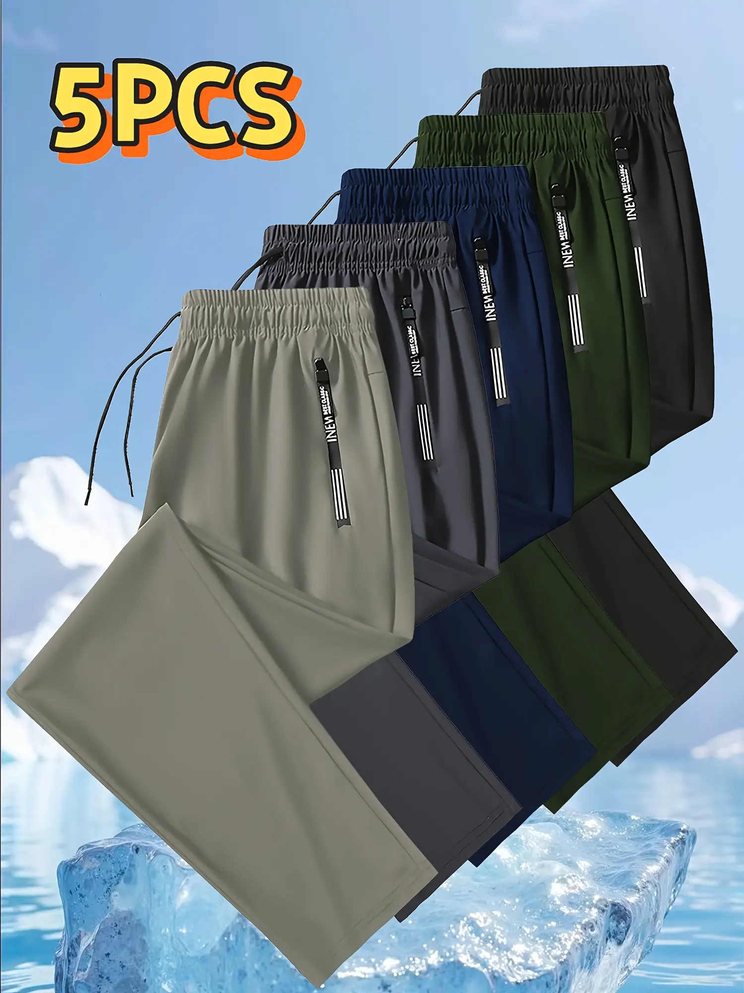 5-pack men’s ice fiber jogging pants, breathable fabric, elastic drawstring athletic pants. Suitable for outdoor and everyday wear, solid color, machine washable