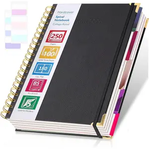 Spiral Notebook, Notebooks College Ruled, 5 Subject Notebook with Dividers, Hardcover Notebooks for Work, School, Note Taking, 250 Page Leather Notebook Journal for Women Men, Large B5 Black Notebook