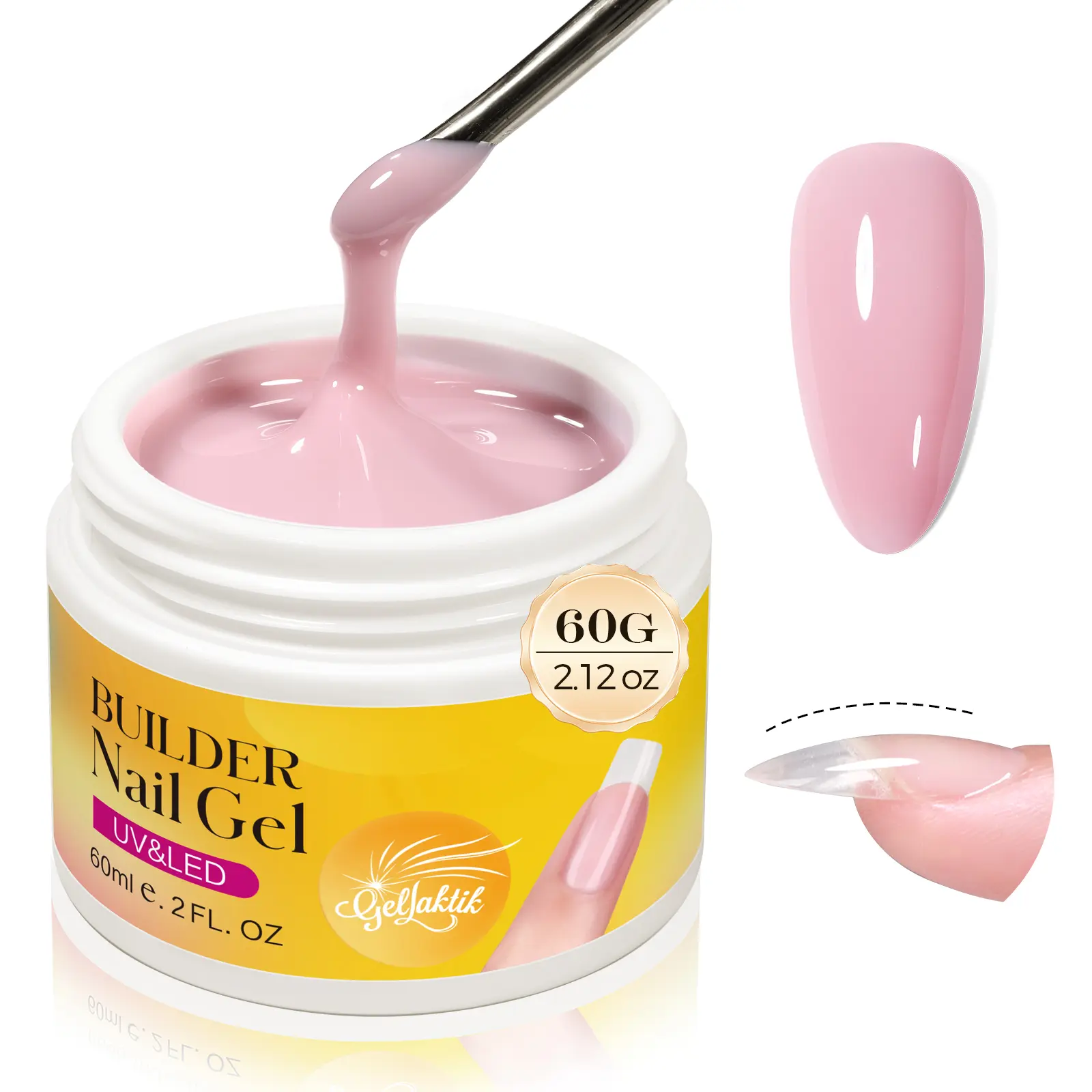 GELLAKTIK 60g Pink Hard Builder Gel for Nails with 10 Nail Forms Base Gel Nail Polish Strengthener & Thickening UV LED Cured Salon DIY Manicure Kit for Nail Extension Repair