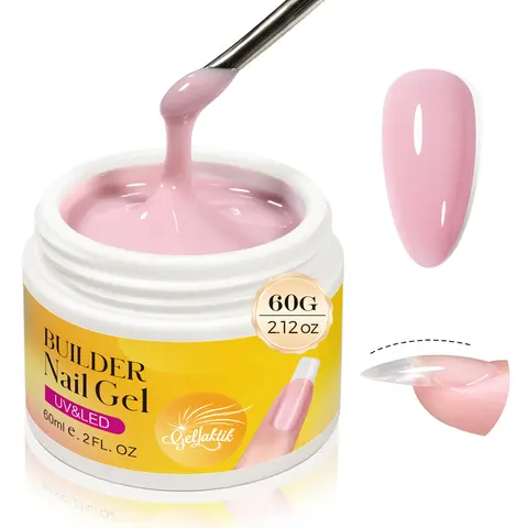 GELLAKTIK 60g Pink Hard Builder Gel Kit - Cleanser, Flawless, Lightweight, 10 Forms, Base Polish, Strengthener, Thickener, UV LED Cured, Rhinestone-Ready, Wipe-Clean for Salon DIY Extension Repair