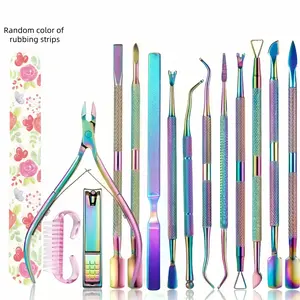 15Pcs/set Stainless Steel Nail Cuticle Scissors Set with Dead Skin Pusher Trimmer Manicure Pedicure Tools Nail File - Colorful Titanium Coated