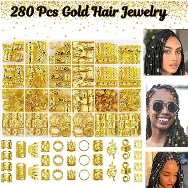 280 Pcs Gold Hair Jewelry – Braid Rings, Dreadlock Accessories, Metal Hair Cuffs & Clips, Hair Beads Decorations for Braids & Dreads