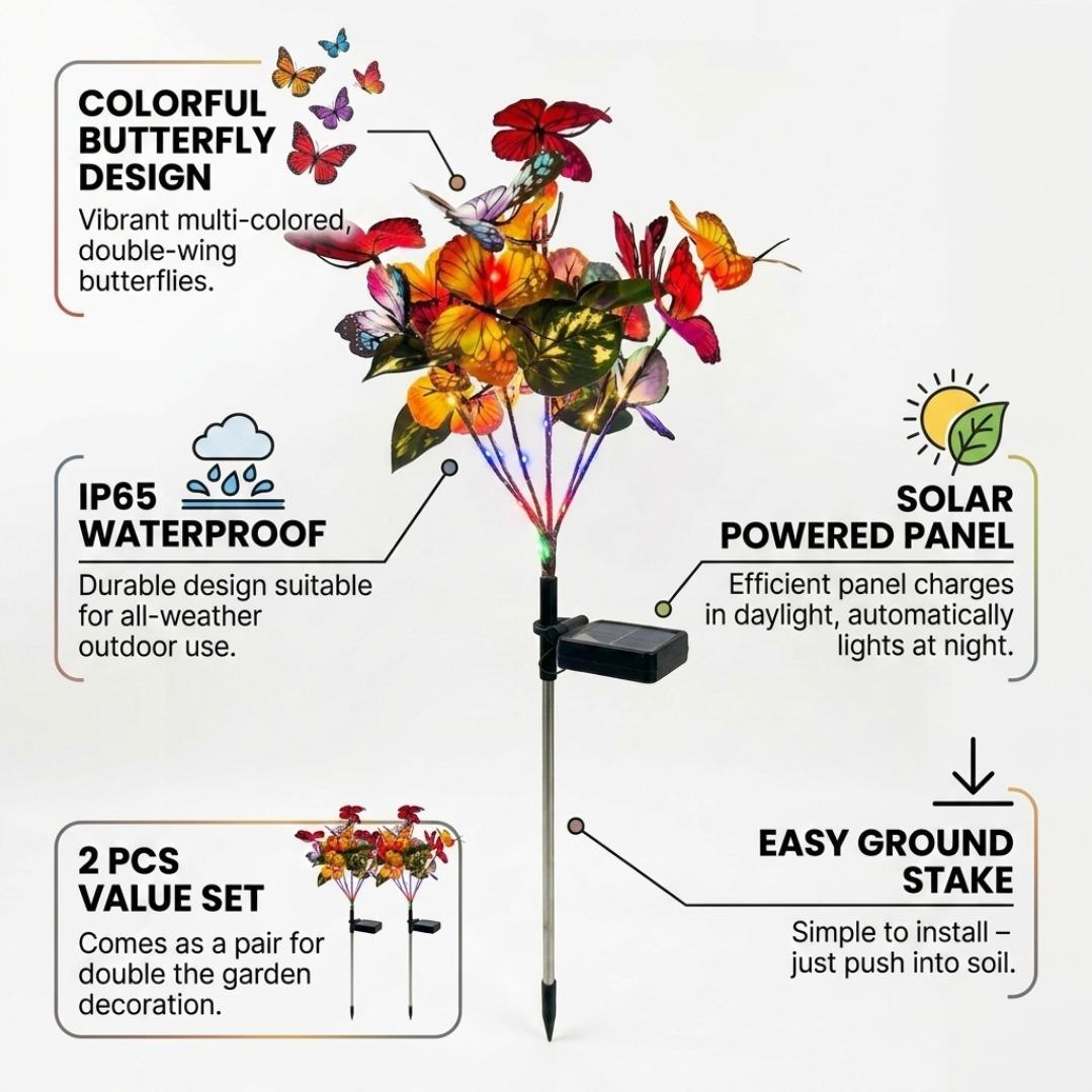 2 Pack Solar Butterfly Garden Lights, IP65 Waterproof Outdoor Decor