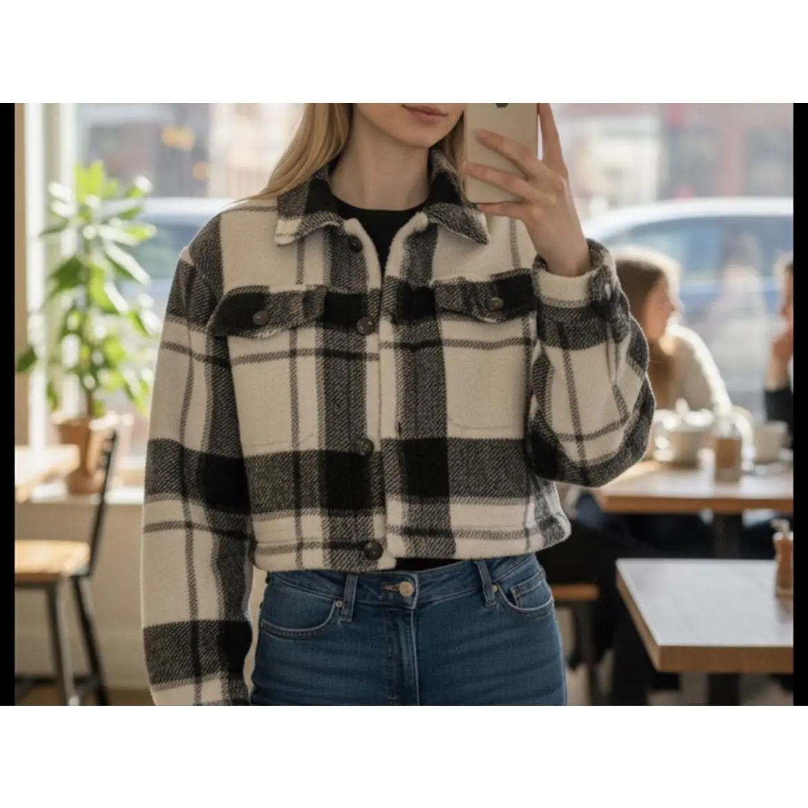 SHEIN Women's Checkered Bomber Jacket with Zipper, Woven Polyester Tops for Everyday Wear, Long Sleeve, Do Not Bleach, Coats