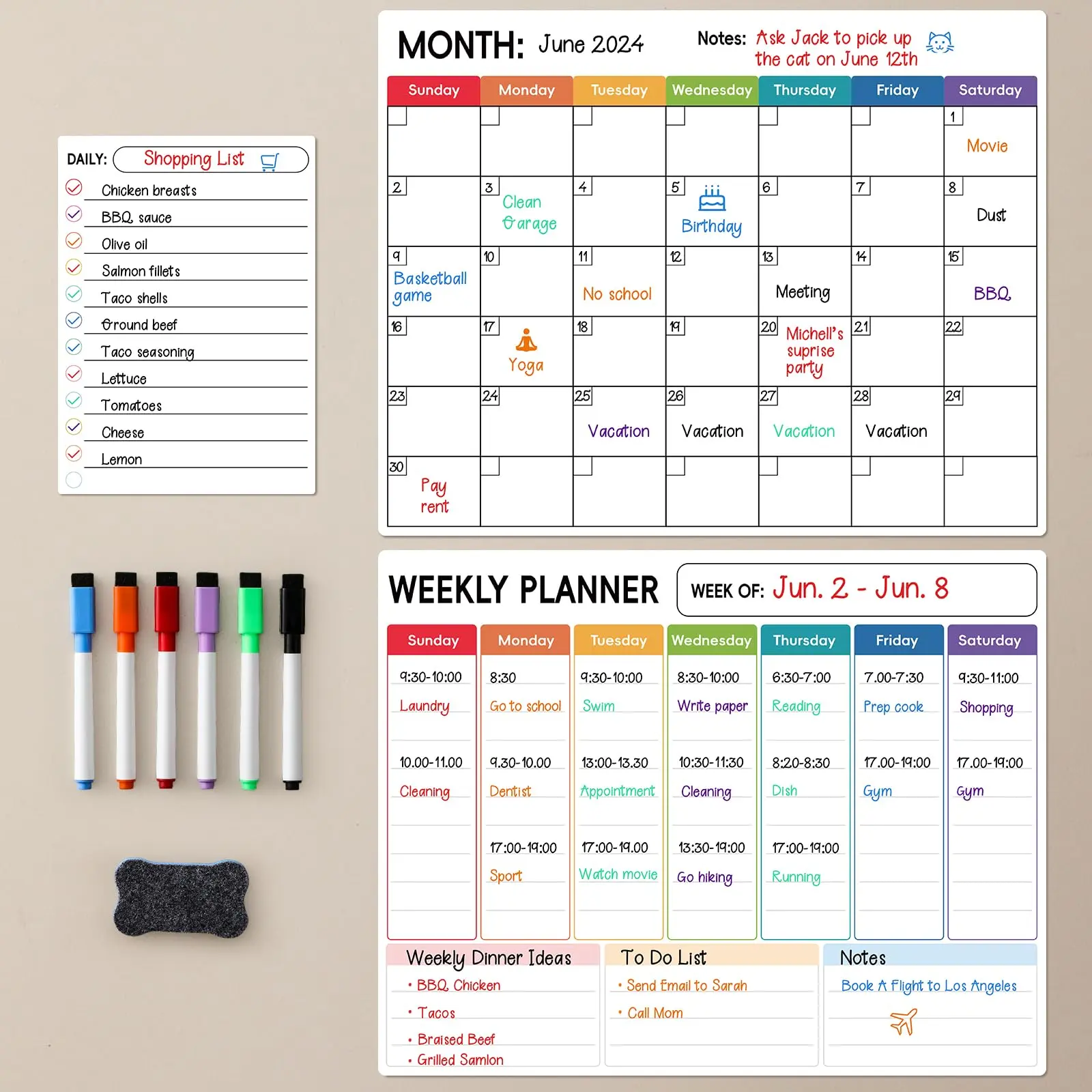 Magnetic Dry Erase Calendar for Refrigerator, 3 Pack-Monthly, Weekly, Daily Magnet Fridge Whiteboard Planner for Chore Chart, Menu, to Do List, 14"X11", w/ 6 Markers, Style 1
