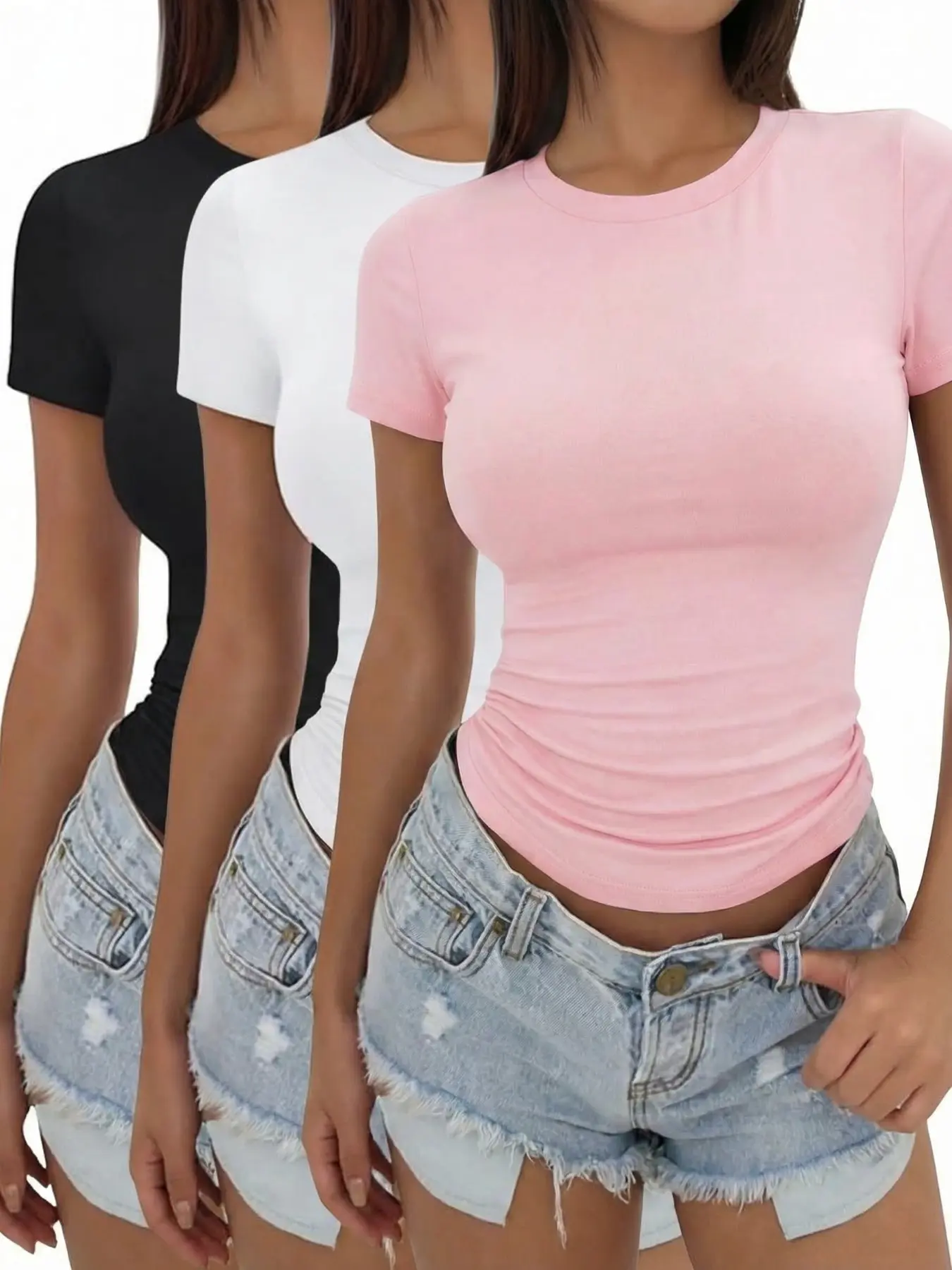 Women's Short Sleeve T-Shirt Top Set, Casual Slim-Fitting Plain Design, Perfect for Everyday Wear, Pack of 3