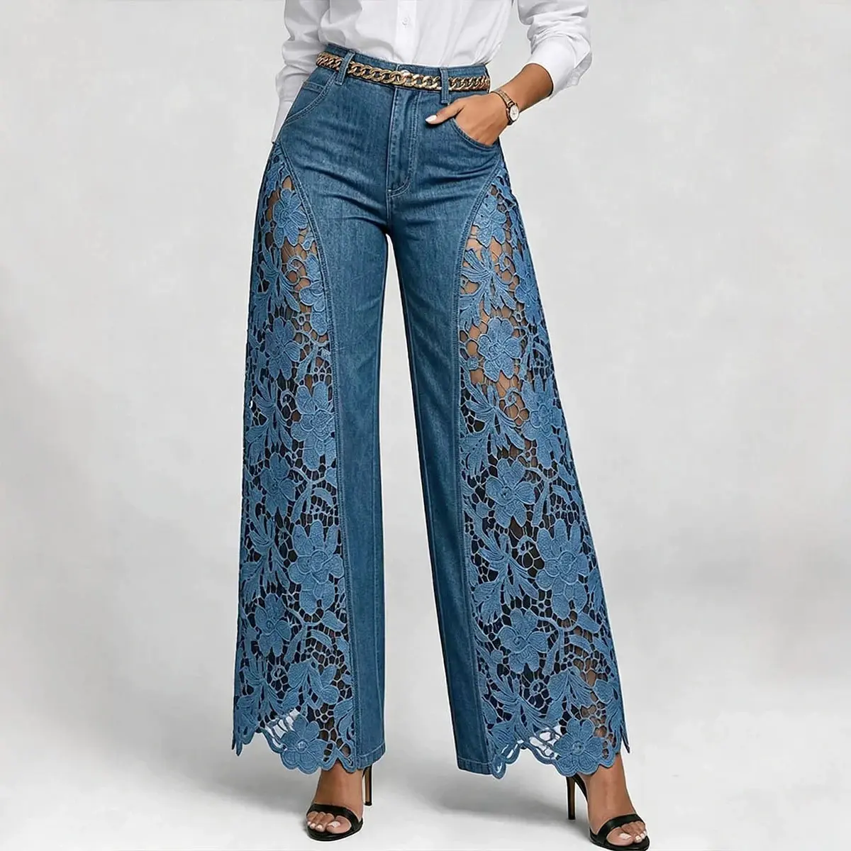 Women's 2026 High-Waist Baggy Loose-Fitting Denim Pants with Contrast Lace Hollow Patchwork - Fashionable Versatile Streetwear Apparel Blue
