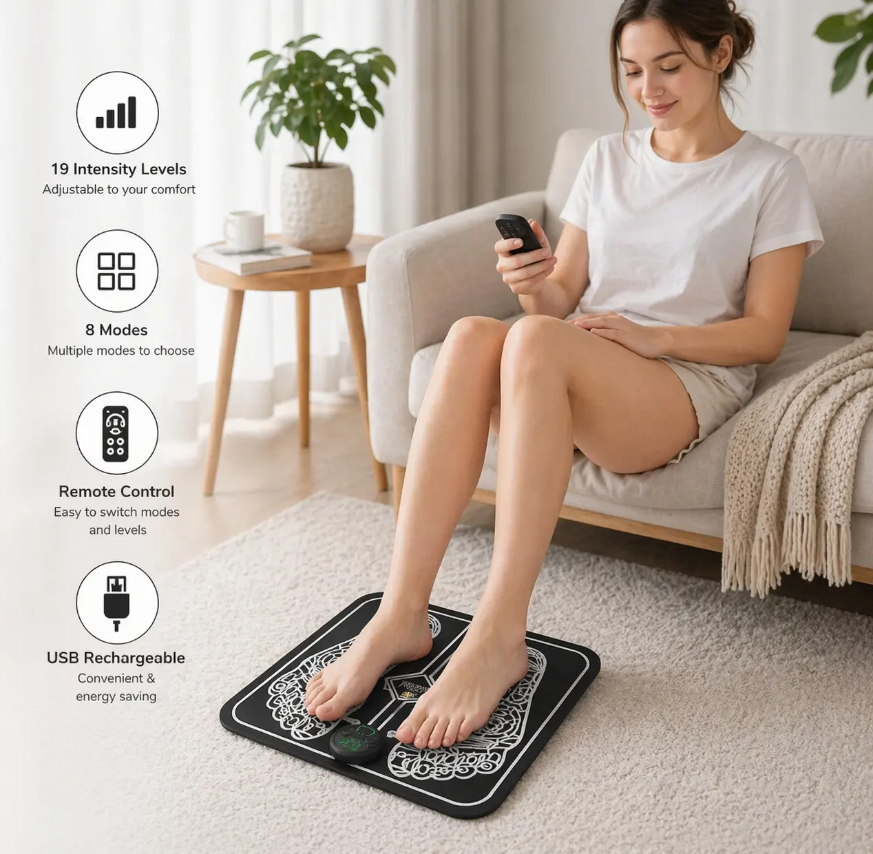 Adjustable Foot Massager Mat with Remote, 8 Modes, 19 Intensity Levels, Compact, Foldable Structure