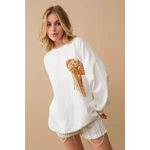 Fleece Terry Football Sequin Patch Sweatshirt Casual Cotton Womenswear Pullover Long Sleeve Crewneck Day Graphic