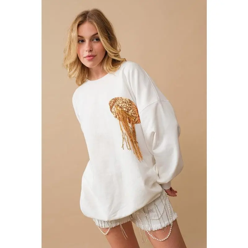 Fleece Terry Football Sequin Patch Sweatshirt Casual Cotton Womenswear Pullover Long Sleeve Crewneck Day Graphic