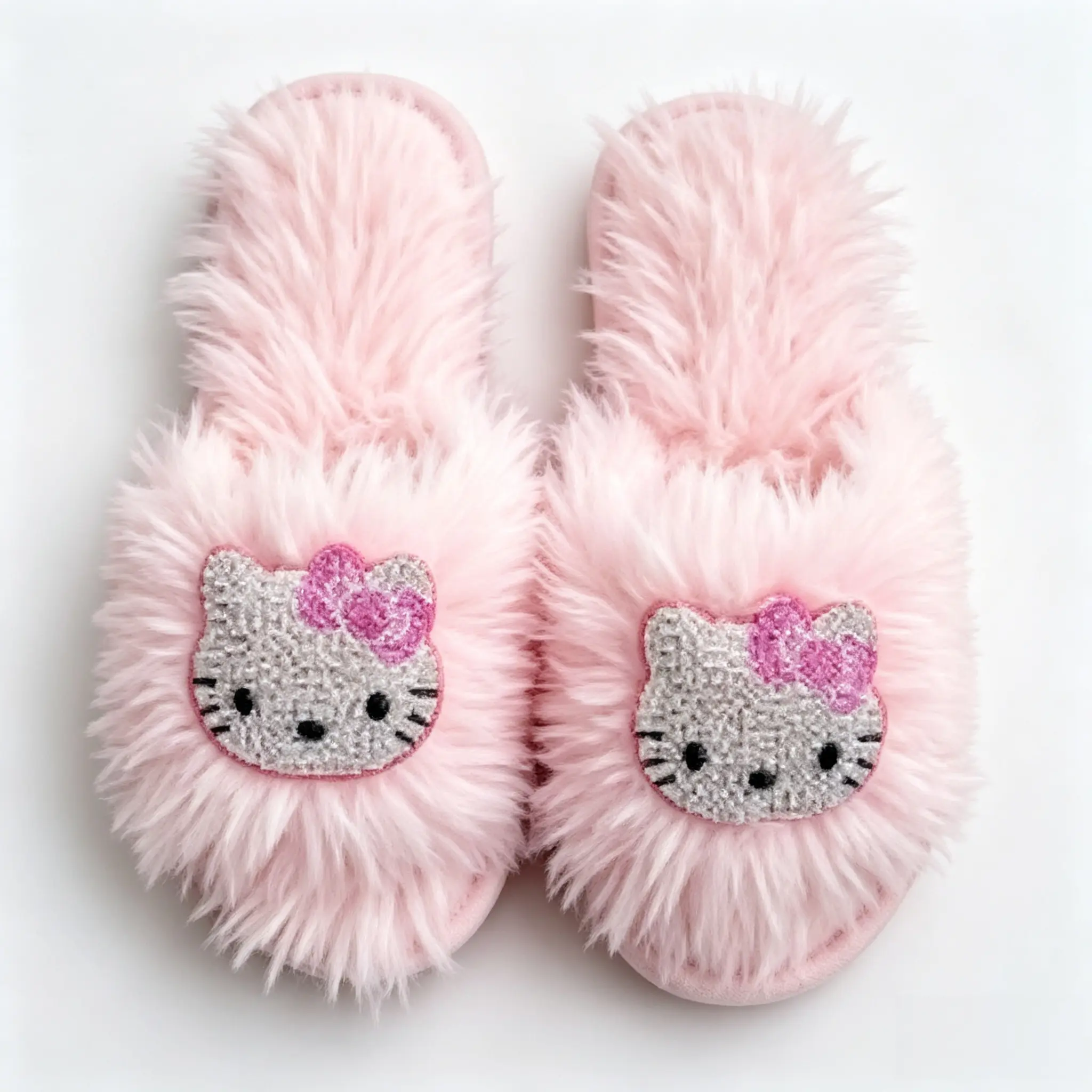 Sanrio Rhinestone Hello Kitty Long-Pile House Slippers, Cute Plush Indoor Slip-On Slippers for Women