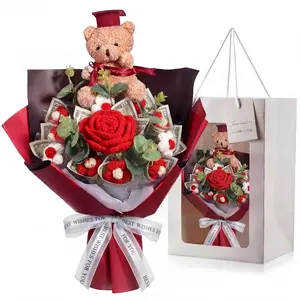 Graduation Crochet Flowers Bouquet Money Bouquet Kit Graduation Bear Artificial Knitted Rose Flower Grad Gift for DIY Congratulation Graduate Gift