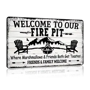 aluminum Vintage Metal sign 12x8inch Welcome to our Fire Pit Decoration Signage, Wall Art for Family Farmhouse Backyard Campground