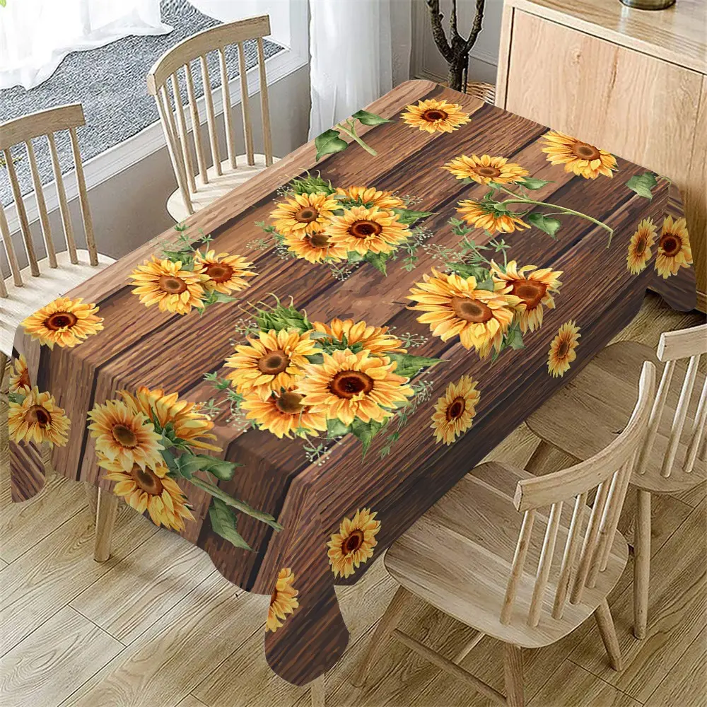 Rectangular Tablecloth, Summer Sunflower Floral Dining Table Decor, Wood Background, Indoor Outdoor Use, Outdoor Patio Table, Kitchen Decoration